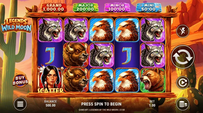 Legends of the Wild Moon - pantalla de juego de cuadrícula 5x3